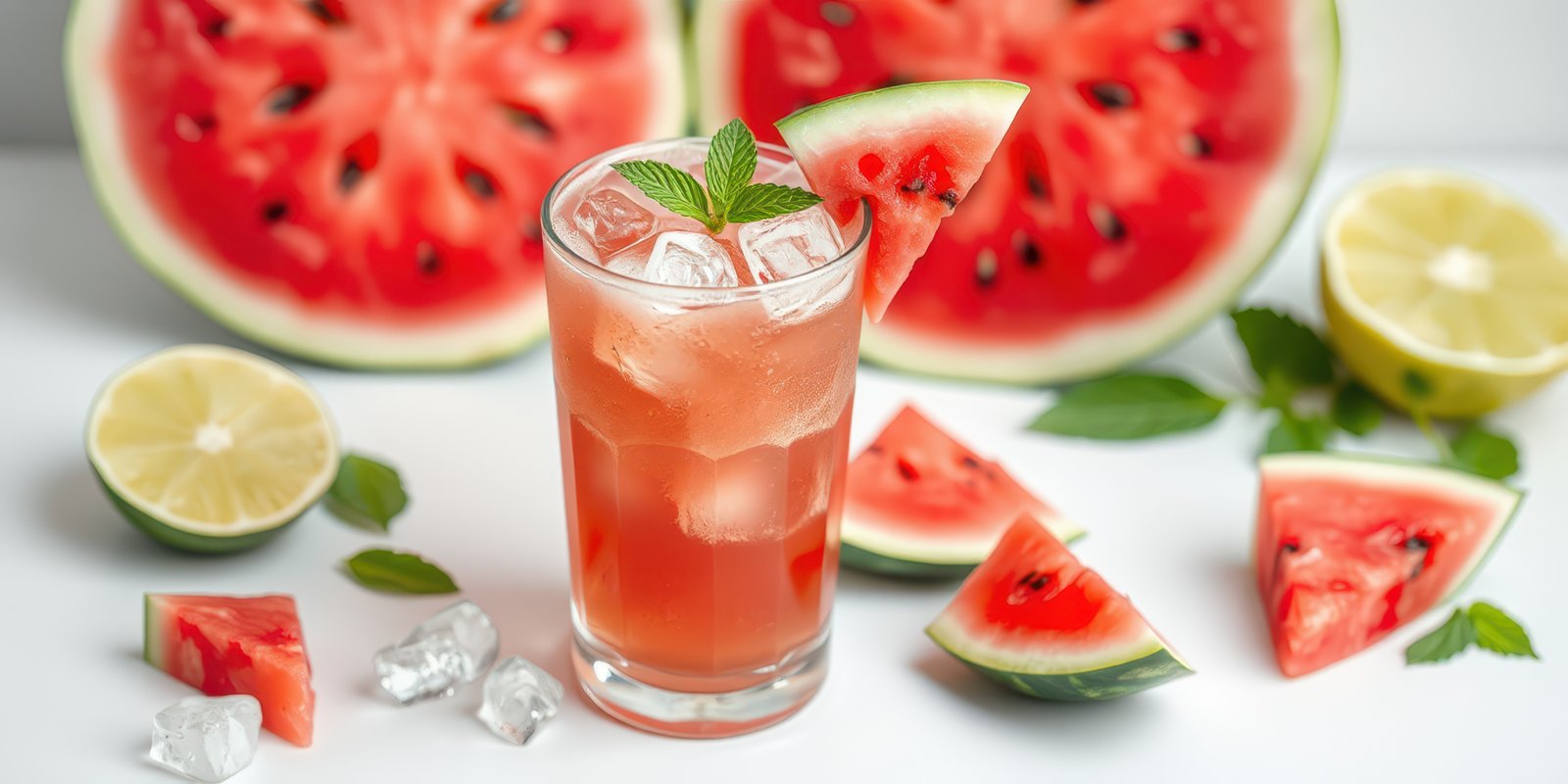 Refreshing watermelon drink with mint garnishing surrounded by sliced fruit